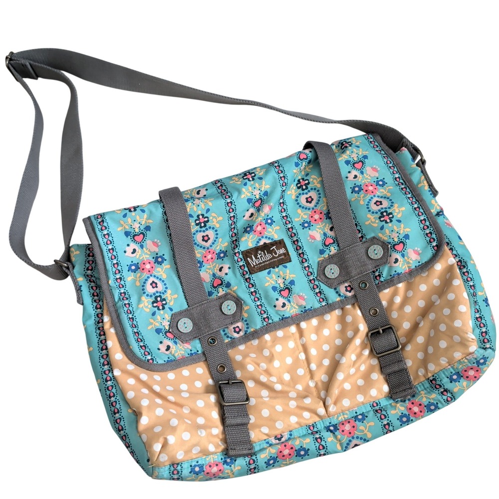 Matilda Jane Mixed Print Floral Polka Dot Messenger Bag Teal Peach Crossbody